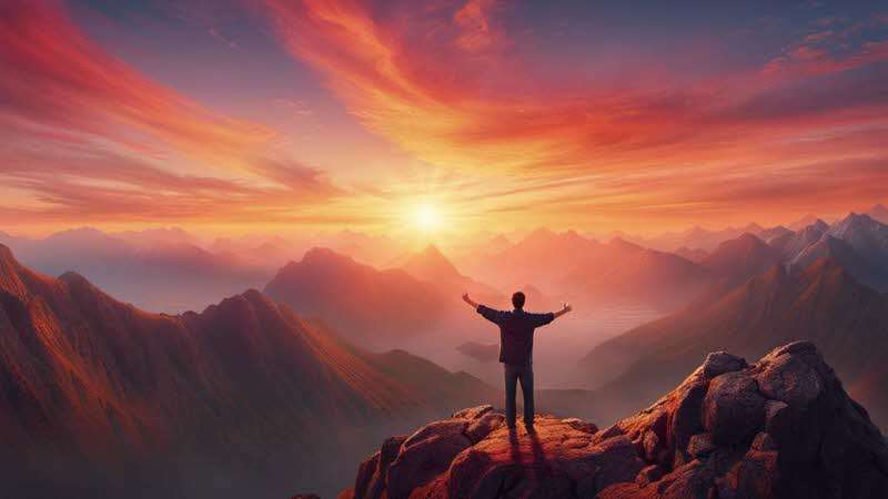 Gratitude - Man standing atop mountain sunrise