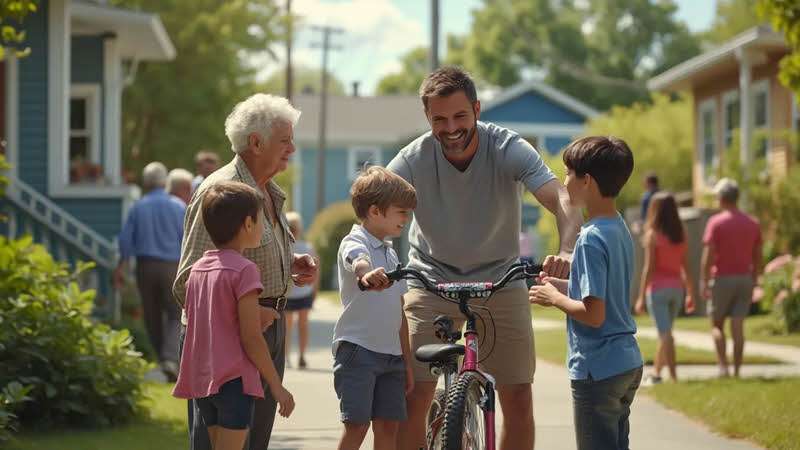 homem ajudando crianças a consertar bicicletas na comunidade