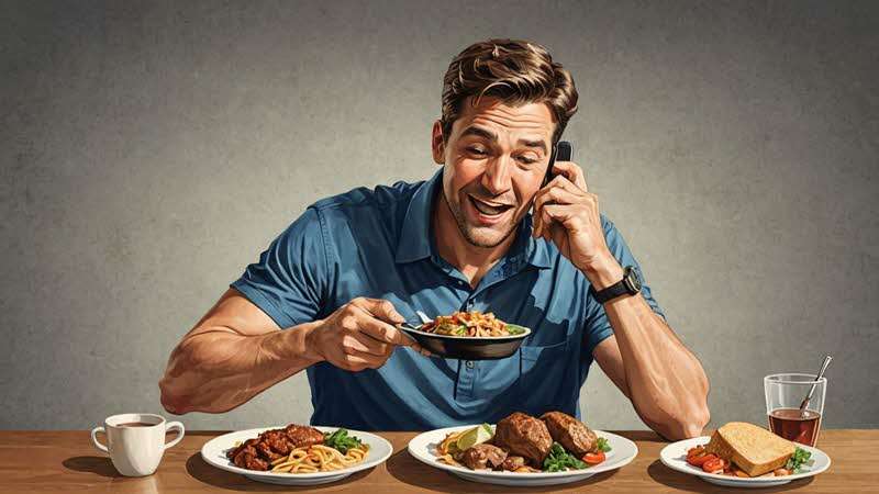 Man talking on phone while eating big meal