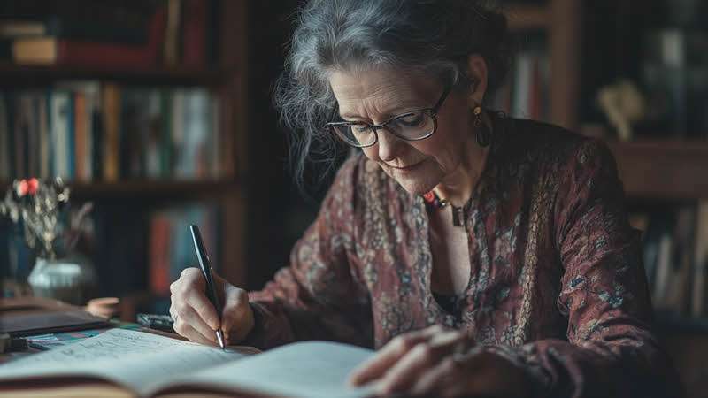 Middle aged woman writing her memoris