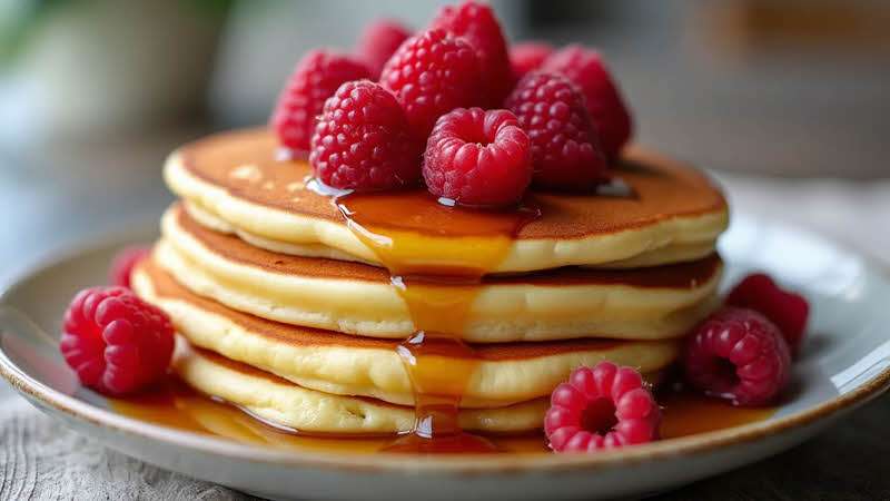 Pile of delicious pancakes with syrup and raspberries