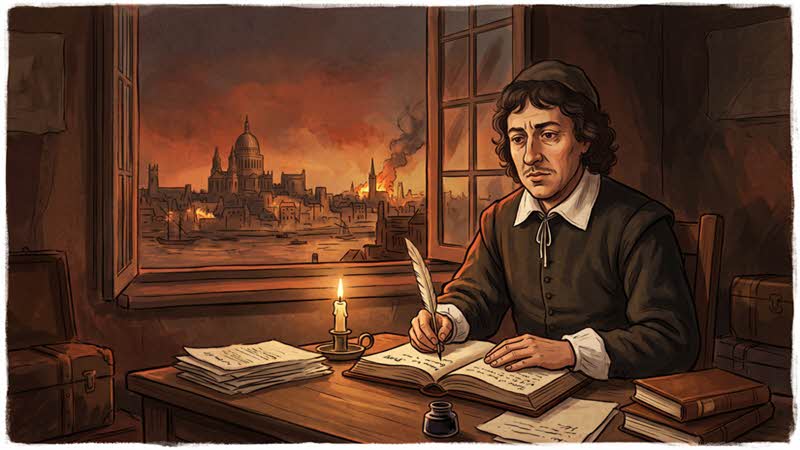 Samuel Pepy writing in diary while London is burning