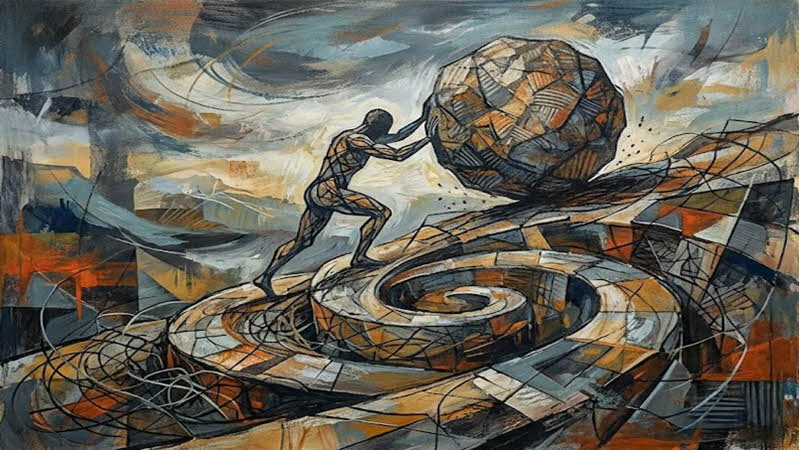 Sisyphus abstract art. What is happiness?
