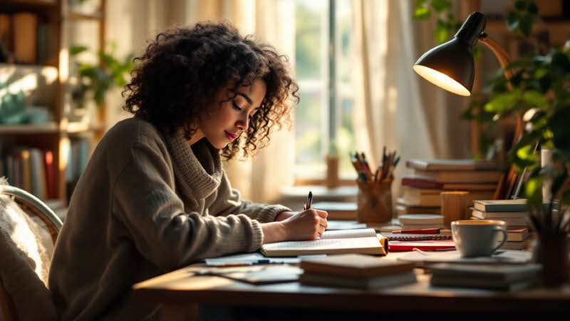 A student writing in her journal