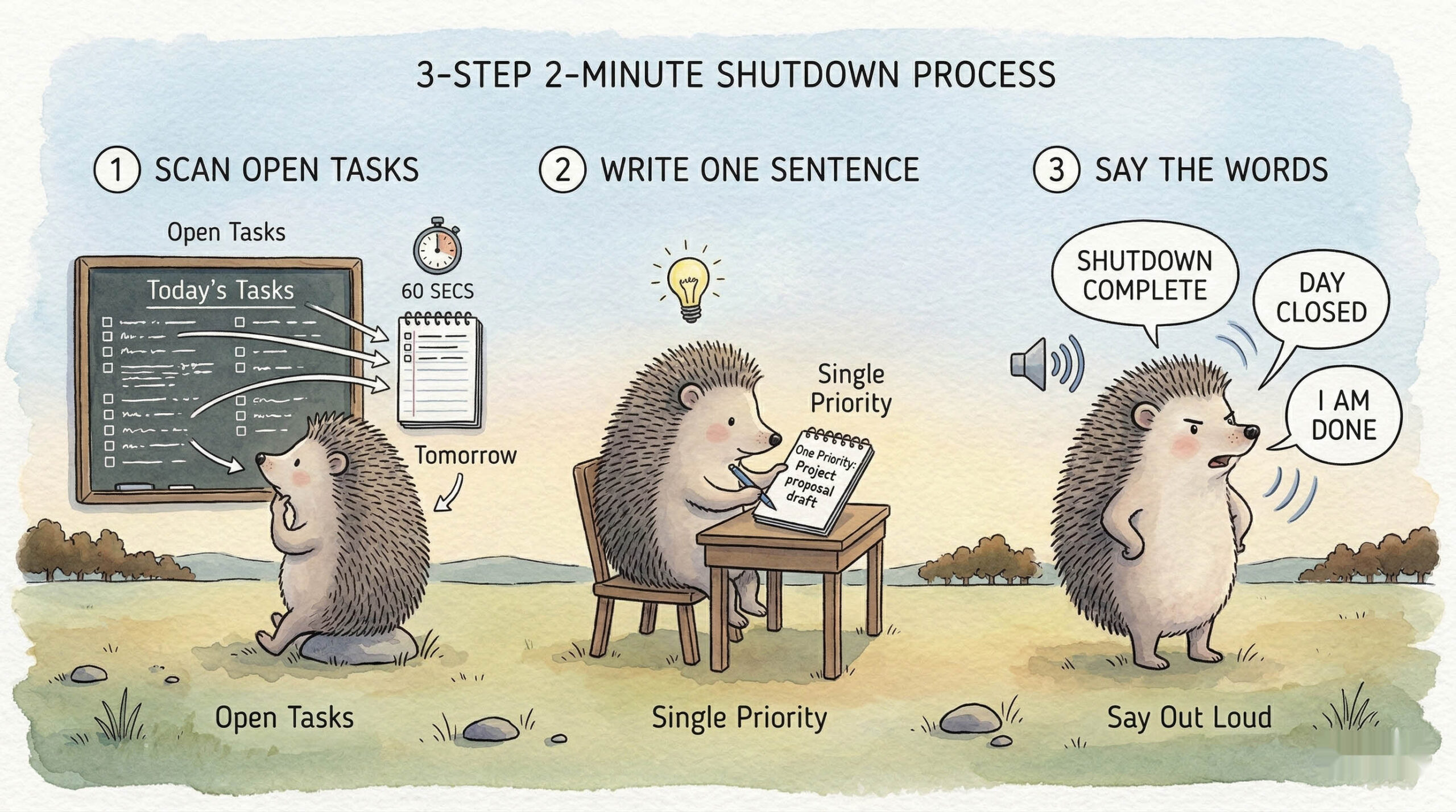 The 3 steps 2-minute shutdown ritual process