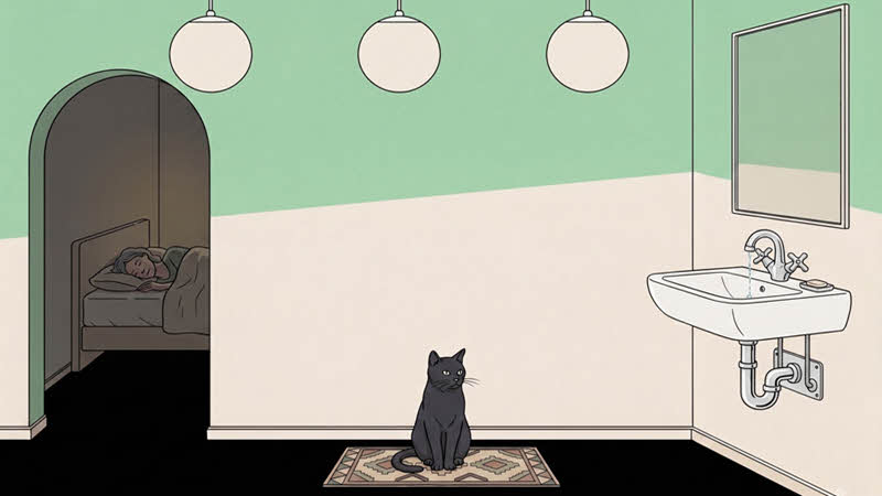 a cat and a tap - and an ol d lady sleeping the in the background