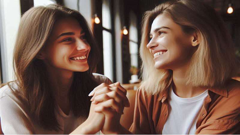 Two women holding hands in coffee shop